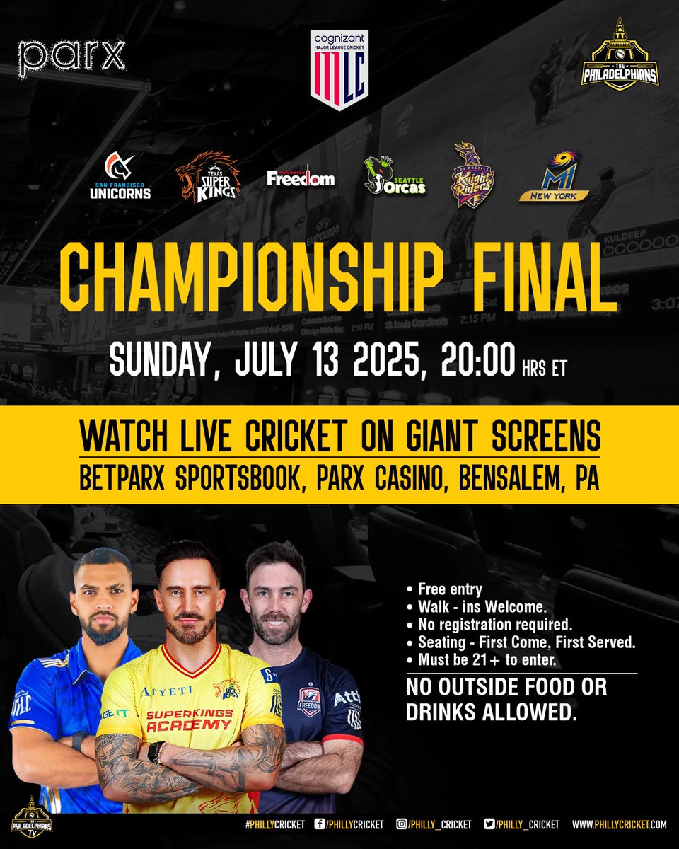 The Philadelphians Cricket (@philly_cricket) on Twitter photo American Cricketβs biggest night is here! ππΊπΈ
Catch the <a href="/MLCricket/">Cognizant Major League Cricket</a> Championship Final LIVE this Sunday at <a href="/parxcasino/">Parx Casino</a> Sportsbook Arena!
π₯ Big screen. π₯ Big hits. π One champion.
Be there. Feel it. π₯
#PhillyCricket #MLC2025 #USA #Cricket #ParxCasino #Championship American Cricketβs biggest night is here! ππΊπΈ
Catch the <a href="/MLCricket/">Cognizant Major League Cricket</a> Championship Final LIVE this Sunday at <a href="/parxcasino/">Parx Casino</a> Sportsbook Arena!
π₯ Big screen. π₯ Big hits. π One champion.
Be there. Feel it. π₯
#PhillyCricket #MLC2025 #USA #Cricket #ParxCasino #Championship