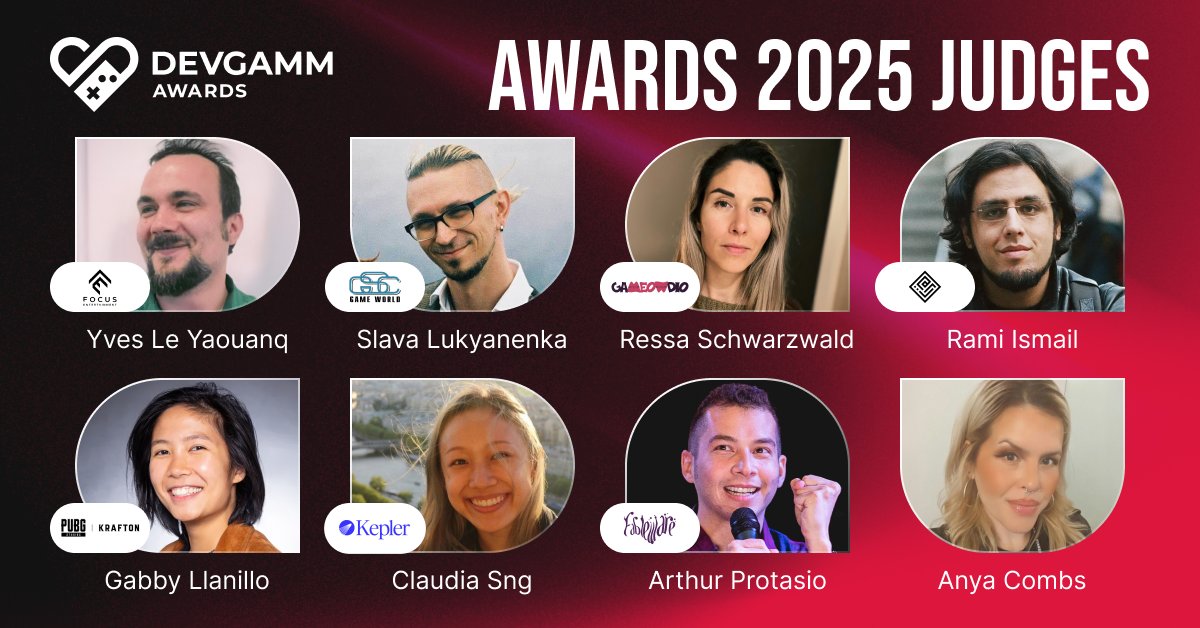 The DevGAMM Awards 2025 jury is stacked with industry pros! ⭐

Once submissions close on September 1, our judges will dive in to play and select the games that will be nominated.

👾 Apply for DevGAMM Awards: devgamm.com/awards2025/
💡Join as a judge: devgamm.fillout.com/judge2025