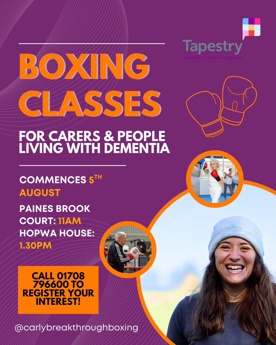 🥊 Boxing for People with Dementia starts 5 Aug with @carlybreakthroughboxing!

🕚 Paines Brook 11am | Hopwa House 1:15pm

Boost confidence, movement &amp; smiles. To book, speak to us on 01708 796600

#BoxingForDementia #BreakthroughBoxing 💙