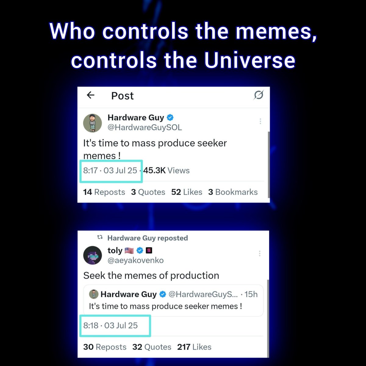 TolySolana's tweet photo. @SolJakey Pay attention to the time and date.

@toly didn't tweet this for no reason.

Change your life and your family's future.

📱📱📱

#Solana #Memes #BTC #ElonMusk #Toly $HWGUY
#Seeker https://t.co/pc0drTOzHI