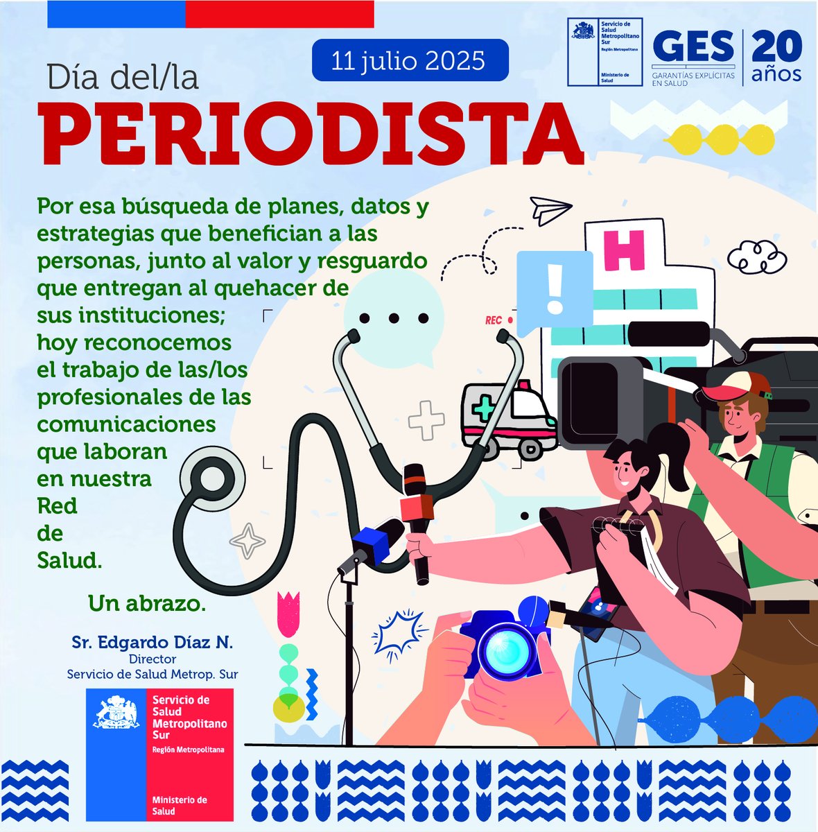 Saludamos a quienes, con su labor comprometida, vinculan a sus respectivas organizaciones con la comunidad y con otras entidades, como así también, las relaciones informativas internas. Un hermoso día.
