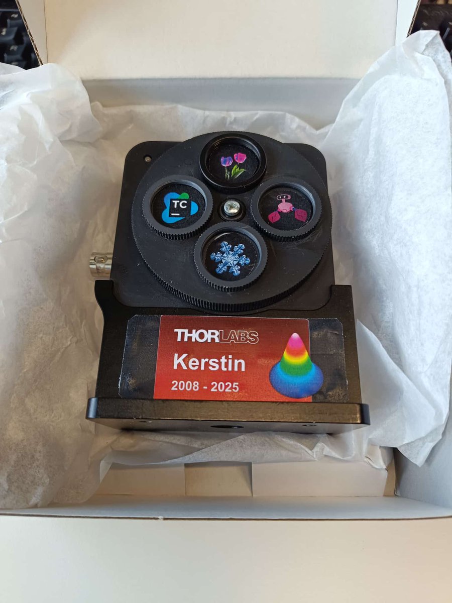 cathanys's tweet image. As a farewell gift, my colleagues gave me my first product, the BC106, which worked perfectly at my desk for 17 years. Many thanks to @Thorlabs for the great time, the super friendly colleagues, and exciting projects.💜