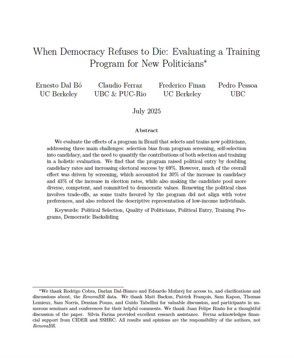 claudferraz's tweet image. 🧵1/ A sociedade civil pode ajudar a renovar a política e fortalecer a democracia? Nova versão do nosso artigo onde estudamos o @RenovaBR em eleições municipais — um programa de formação de novas lideranças políticas no Brasil
📄 drive.google.com/file/d/1AQbXNV…