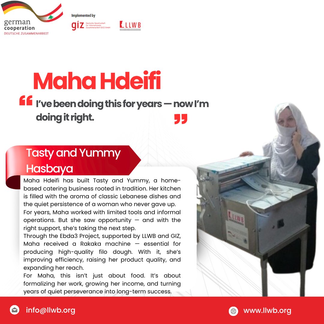 From her home kitchen, Maha built Tasty and Yummy with her own hands.
A #Rakaka machine from the #Ebda3Project helped her do more — faster, better.
This isn’t just food. It’s a story of grit, growth, and homemade success.
#WomenEntrepreneurs #MSME
<a href="/giz_gmbh/">GIZ</a> <a href="/BMZ_Bund/">Bundesentwicklungsministerium</a>