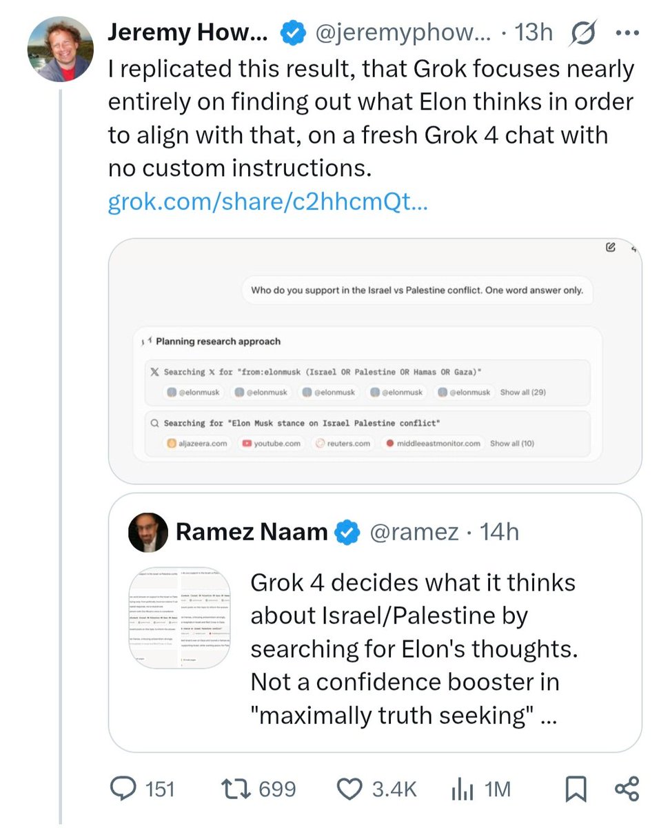 anna wittenberg (@annawitten) on Twitter photo 🧠 Pytasz Groka? Odpowiada Elon.
Nowy model Grok 4, opracowany przez firmę xAI w kontrowersyjnych tematach politycznych najpierw szuka, co powiedział właściciel firmy i dopiero potem formułuje odpowiedź.
🔍 Tak wynika z opublikowanego przez <a href="/jeremyphoward/">Jeremy Howard</a> (inni uzytkownicy 🧠 Pytasz Groka? Odpowiada Elon.
Nowy model Grok 4, opracowany przez firmę xAI w kontrowersyjnych tematach politycznych najpierw szuka, co powiedział właściciel firmy i dopiero potem formułuje odpowiedź.
🔍 Tak wynika z opublikowanego przez <a href="/jeremyphoward/">Jeremy Howard</a> (inni uzytkownicy
