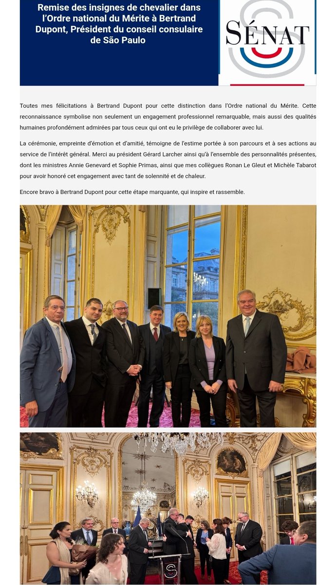 Bertrand Dupont (@bertrandydupont) on Twitter photo Je partage avec vous l'article publié aujourd'hui dans la Newsletter du Sénateur des Français de l'étranger, Christophe Frassa, qui revient sur ma remise des insignes de Chevalier dans l’Ordre national du Mérite.
Un message qui m'a beaucoup touché
Merci cher <a href="/C_Frassa/">Christophe Frassa</a> pour ton Je partage avec vous l'article publié aujourd'hui dans la Newsletter du Sénateur des Français de l'étranger, Christophe Frassa, qui revient sur ma remise des insignes de Chevalier dans l’Ordre national du Mérite.
Un message qui m'a beaucoup touché
Merci cher <a href="/C_Frassa/">Christophe Frassa</a> pour ton