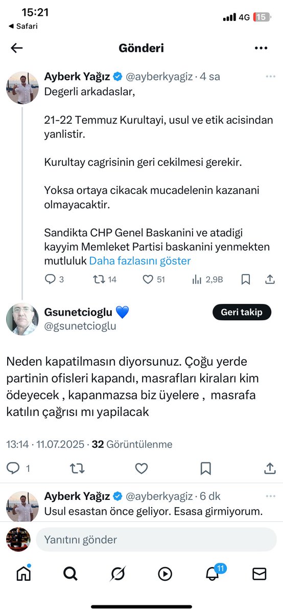 Celal Eren Çelik (@yazparov) on Twitter photo Ayberk Bey <a href="/ayberkyagiz/">Ayberk Yağız</a> haklı bir isyan ile Memleket Partisi kapatılmasın diyor. Üyenin cevabı “Masraflar için biz üyelere çağrı mı yapılacak?”
Evet aynen öyle yapılması gerekiyor zaten.
Bütçe kısıtlı oluyorsa da can canlı genel merkezler tutup,lüks harcamalar yapmazsınız Ayberk Bey <a href="/ayberkyagiz/">Ayberk Yağız</a> haklı bir isyan ile Memleket Partisi kapatılmasın diyor. Üyenin cevabı “Masraflar için biz üyelere çağrı mı yapılacak?”
Evet aynen öyle yapılması gerekiyor zaten.
Bütçe kısıtlı oluyorsa da can canlı genel merkezler tutup,lüks harcamalar yapmazsınız