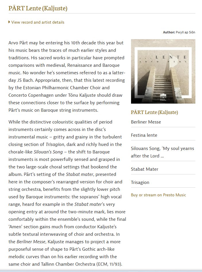 Alan Teder 🇨🇦🇪🇪🇺🇦 (@saareman) on Twitter photo #2025YearofListening > <a href="/GramophoneMag/">Gramophone</a> reviews #ArvoPärt's "...Lente" (2025) on <a href="/BerlinClassics/">Berlin Classics</a> recorded by <a href="/concertocph/">Nikolaj de Fine Licht</a> 🇩🇰 <a href="/EstonianPhilCC/">Estonian Philharmonic Chamber Choir</a> 🇪🇪#TõnuKaljuste. Full review at gramophone.co.uk/review/part-le… #2025YearofListening > <a href="/GramophoneMag/">Gramophone</a> reviews #ArvoPärt's "...Lente" (2025) on <a href="/BerlinClassics/">Berlin Classics</a> recorded by <a href="/concertocph/">Nikolaj de Fine Licht</a> 🇩🇰 <a href="/EstonianPhilCC/">Estonian Philharmonic Chamber Choir</a> 🇪🇪#TõnuKaljuste. Full review at gramophone.co.uk/review/part-le…