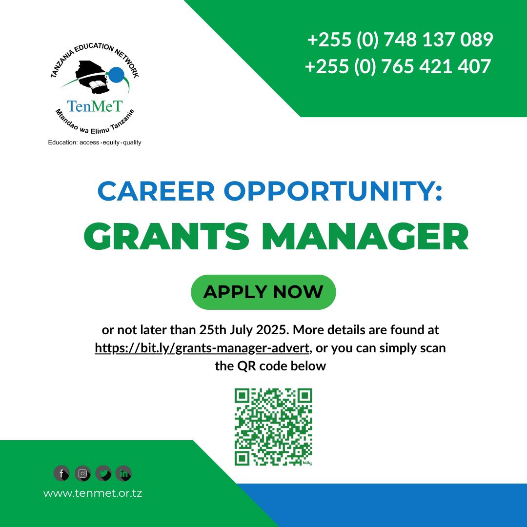 Mtandao wa Elimu TZ (@ten_met) on Twitter photo WE ARE HIRING!! -Grants Manager.
🗓 Deadline: July 25th, 2025
📧 Submission: Send your application to recruitment@tenmet.or.tz with the subject: Application for Grants Manager position
🔗 Only shortlisted applicants will be contacted.
#TENMET WE ARE HIRING!! -Grants Manager.
🗓 Deadline: July 25th, 2025
📧 Submission: Send your application to recruitment@tenmet.or.tz with the subject: Application for Grants Manager position
🔗 Only shortlisted applicants will be contacted.
#TENMET