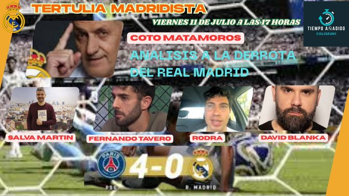 miguel angel (@halamadrid123) on Twitter photo youtube.com/live/6l0Tn01Gv… Hoy a las 17 horas TERTULIA MADRIDISTA CON <a href="/COTOMATAMOROS_1/">✞ COTO MATAMOROS ✞</a> <a href="/Rodra10_97/">Rodra</a> <a href="/salva_martin/">Salva Martín</a> <a href="/tavero/">gemma</a> y <a href="/DavidBlanka/">David Blanka</a>
Un análisis a la derrota del Real Madrid que merece una reflexión de Todos. youtube.com/live/6l0Tn01Gv… Hoy a las 17 horas TERTULIA MADRIDISTA CON <a href="/COTOMATAMOROS_1/">✞ COTO MATAMOROS ✞</a> <a href="/Rodra10_97/">Rodra</a> <a href="/salva_martin/">Salva Martín</a> <a href="/tavero/">gemma</a> y <a href="/DavidBlanka/">David Blanka</a>
Un análisis a la derrota del Real Madrid que merece una reflexión de Todos.