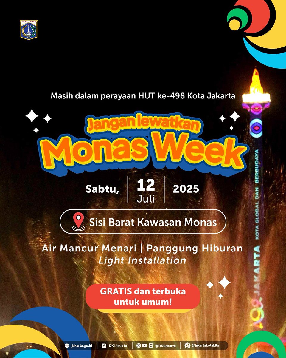 Serunya akhir pekan di Jakarta! Monas Week, hadir kembali temani waktu liburan kalian bersama keluarga ✨🎊

Nikmati hiburan yang mengagumkan mulai dari Air Mancur Menari hingga Panggung Hiburan Light Installation. Acara ini, GRATIS dan terbuka untuk umum lho. 

Jadi, jangan