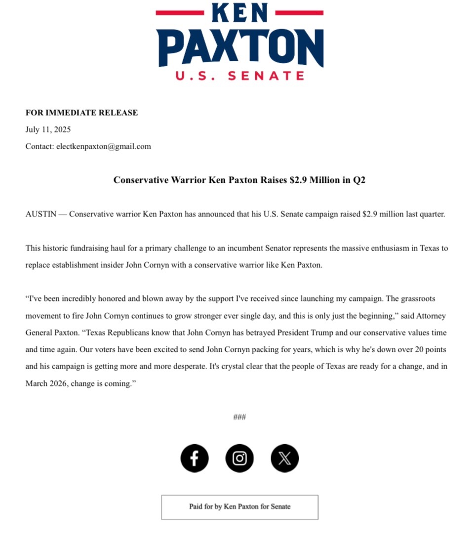 NEW: We raised $2.9 million last quarter in a historic fundraising haul for a GOP Senate primary challenge.

The movement to fire John Cornyn has never been stronger, and it's just the beginning.

It's clear that Texans are ready for a change, and in March 2026, change is coming.