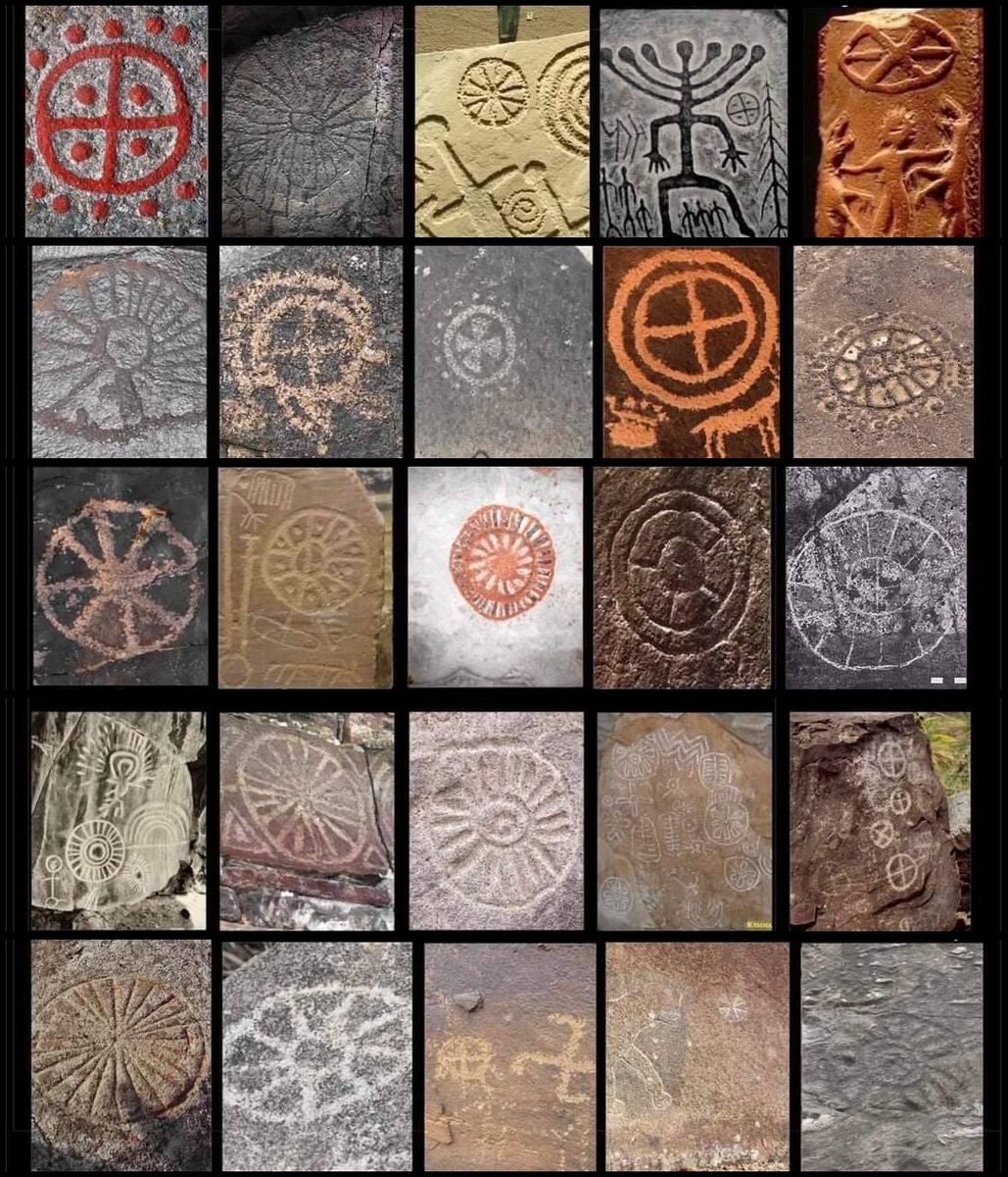 Various ancient petroglyphs depicting the Sun Cross or Solar Wheel motif, found across different cultures* and geographical regions, dating from prehistoric periods to antiquity.

* Examples of these symbols appear across multiple archaeological contexts, including locations such