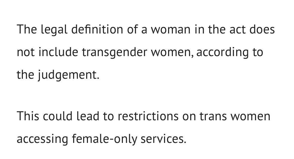 SEEN in Journalism (@journalismseen) on Twitter photo <a href="/AlexGSeabrook/">Alex Seabrook❗️</a> Brief note Alex: this is wrong.
It *will* lead to ‘trans women’ being unable to access female only services. The law says female-only services are only for females - a blanket exclusion.
If it’s proportionate to exclude men, it’s proportionate to exclude all men, including TW. <a href="/AlexGSeabrook/">Alex Seabrook❗️</a> Brief note Alex: this is wrong.
It *will* lead to ‘trans women’ being unable to access female only services. The law says female-only services are only for females - a blanket exclusion.
If it’s proportionate to exclude men, it’s proportionate to exclude all men, including TW.