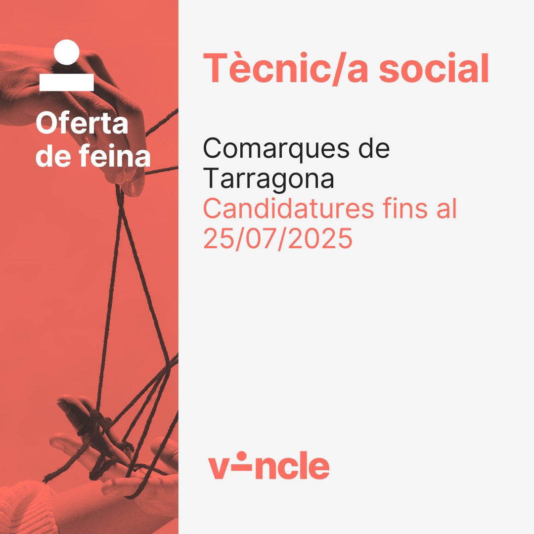 📢 OFERTA DE FEINA

🔎 Tècnic/a social
📌 Comarques de Tarragona
✍️ Candidatures fins al 25/07/25
👉 Més info: ow.ly/tAch50VSpr5 

#treball #oferta #feina #tarragona #tecnicsocial #social #tercersector #vincle