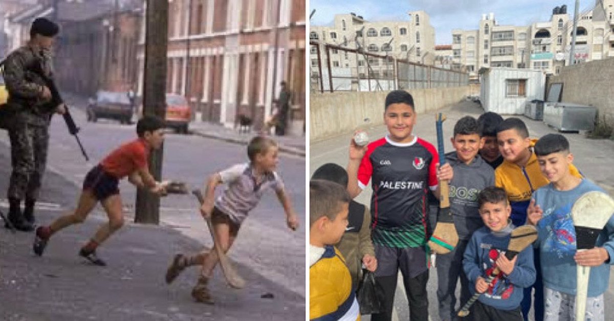 🇮🇪 Occupied Belfast, Ireland, 1984. 
🇵🇸 Occupied West Bank, Palestine, 2025. 

Hurling - the sport of the Gaels - providing children with relief, expression and fun across the struggle for freedom and human dignity. 

Let the children come to Ireland and play!

#LetThemPlay