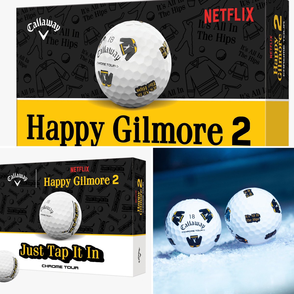 🟡🏒⚫️ #LOOK — Callaway x Happy Gilmore 2 Collection has arrived! The Odyssey Hockey Stick Putter for $499 and Special Edition Chrome Tour ‘Just Tap it In’ and ‘It’s All In The Hips’ balls for $59 have dropped. 

Will you be purchasing?