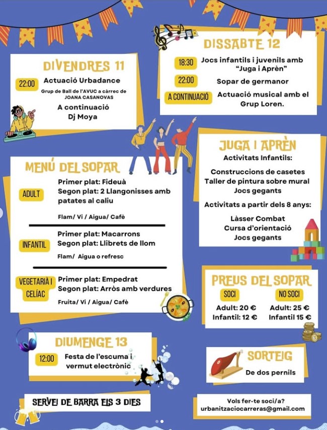 D'avui i fins diumenge es celebrarà la Festa Major de la Urbanització Carreras, que tot i la previsió de pluges lluirà d'allò més durant tot el cap de setmana.

BONA FESTA MAJOR!!!

#esplugadefrancoli #JuntsxlEspluga #Espluga2027 #JuntsxCat #FemhoJunts