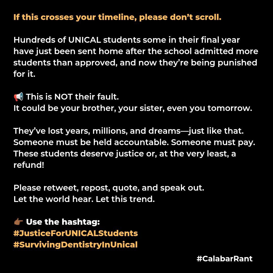 ItsGreatman's tweet photo. This is so unfair to thie students please retweet 
Their voices must be heard.

#SurvivingDentistryInUnical
 #JusticeForUNICALStudents https://t.co/jzOiv2eRAY