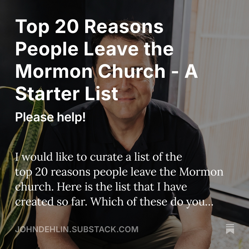 johndehlin's tweet image. I would like to curate a list of the top 20 reasons people leave the Mormon church. Here is the list that I have created so far. Which of these do you resonate with? What should I remove? What should I add?
johndehlin.substack.com/p/top-20-reaso…