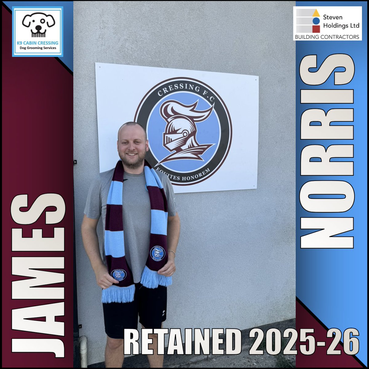 CressingFC's tweet image. RETAINED 2025/26 🤝

James Norris returns for another season 💥

Up the Cressing!⚽️

#CressingFC
#K9CabinCressing
#StevenHoldingsLTD
#UTC