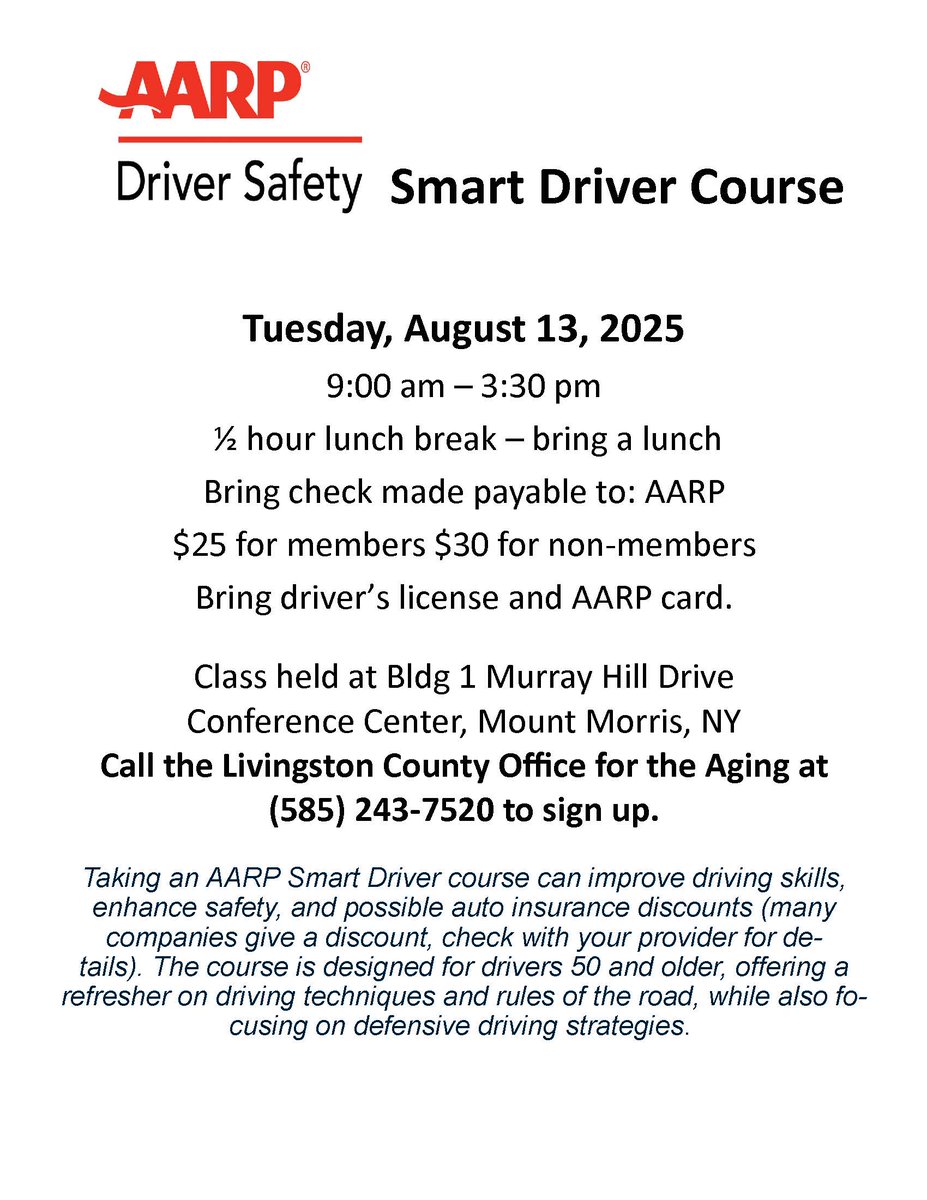 This course is a great way to refresh your driving skills and may even qualify you for an auto insurance discount!

Call the Livingston County Office for the Aging at (585) 243-7520 to sign up today. Don’t miss this chance to enhance your driving safety!