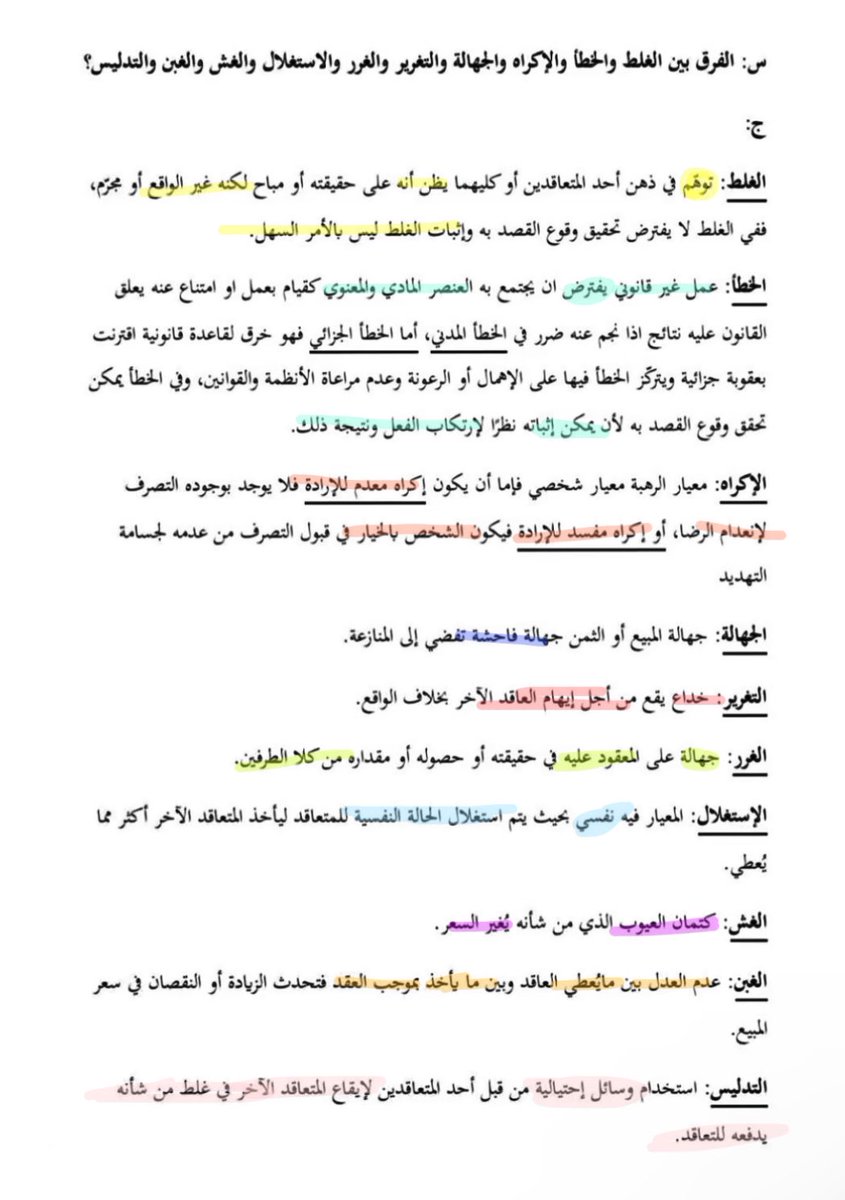 ** ماهو الفرق بين الغلط والخطأ و الاكراه والجهاله والتغرير والغرر و الاستغلال والغش والغبن والتدليس؟