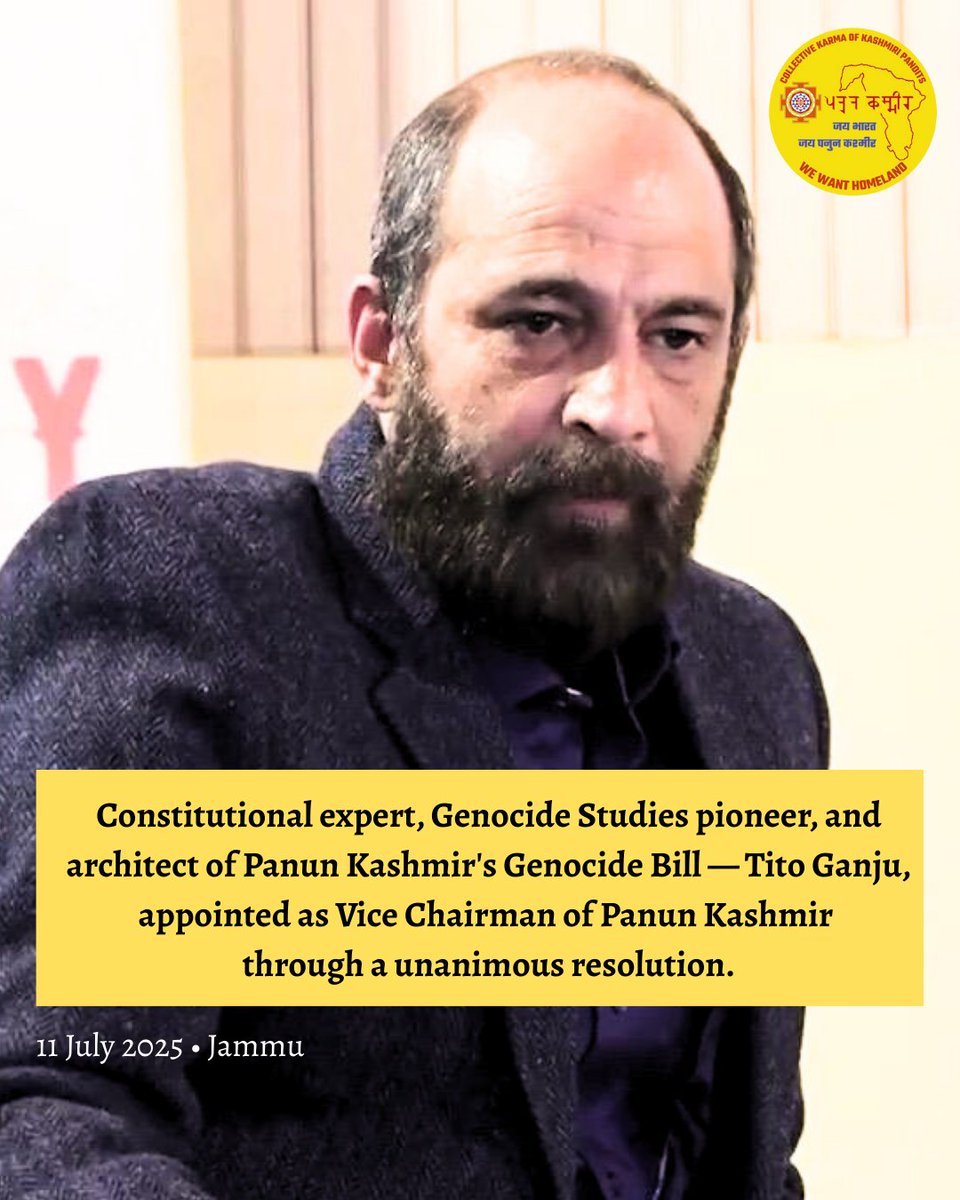 PK_Yuva's tweet photo. Constitutional expert, Genocide studies pioneer &amp; PK Genocide Bill architect — Sh. Tito Ganju / @titoganju appointed as Vice Chairman through a unanimous resolution by Panun Kashmir organisation.  Gen. Secratary Sh. Kuldeep Raina made the official announcement.

#PanunKashmir https://t.co/HsbZ5HwKXy