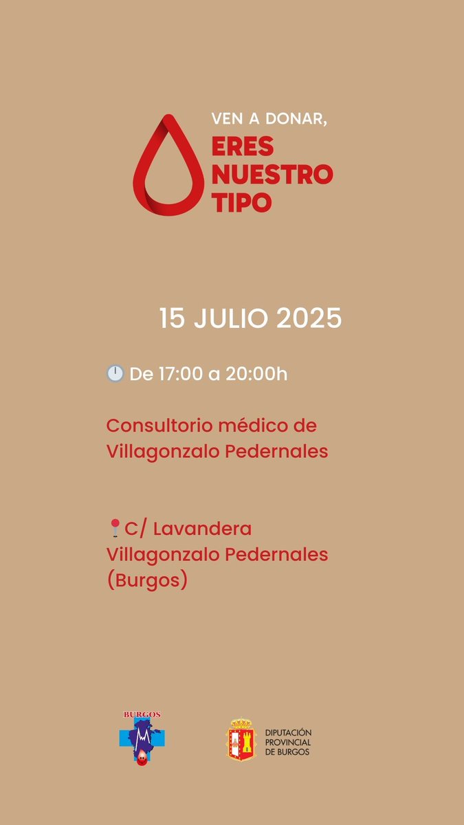 🩸 Este verano dona sangre 

👉 Desliza y consulta los puntos de la provincia de Burgos  

🗓 15 de julio 💳 Lleva DNI  

#DONASANGRE
#DonaSangreDonaVida 
#Burgos 
#eresnuestrotipo 
#verano2025