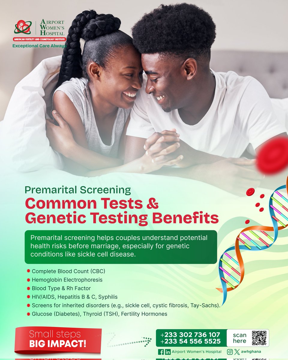 awhghana's tweet photo. Why genetic testing is beneficial:

1. Identify potential genetic risks for your future children
2. Plan for a healthy family
3. Make informed decisions about your reproductive health

#geneticscreening #publiceducation #premarital #sicklecellmatters https://t.co/rsshX8xBX9