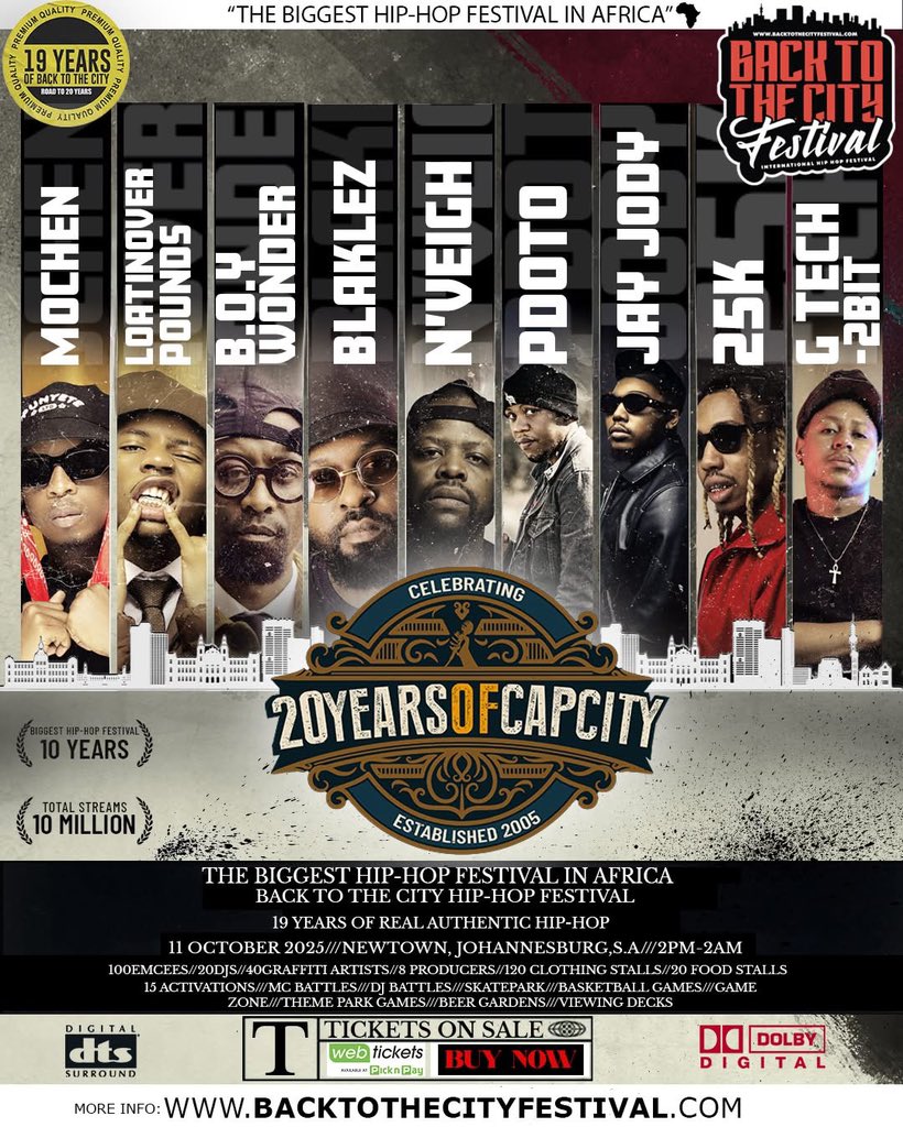 #BTTC2025 (@backtothecitysa) on Twitter photo 🔥 BACK TO THE CITY HIP- HOP FESTIVAL 2025 🔥
The Biggest Hip-Hop Festival in Africa is BACK and BIGGER than ever as we celebrate 20 YEARS OF CAP CITY! 💥
🗓️ 11 October 2025
📍 Newtown, Johannesburg
🕒 2PM – 2AM
🎤 SPECIAL PTA LINE-UP INCLUDES:
<a href="/MochenRSA/">El Presidente</a> • 🔥 BACK TO THE CITY HIP- HOP FESTIVAL 2025 🔥
The Biggest Hip-Hop Festival in Africa is BACK and BIGGER than ever as we celebrate 20 YEARS OF CAP CITY! 💥
🗓️ 11 October 2025
📍 Newtown, Johannesburg
🕒 2PM – 2AM
🎤 SPECIAL PTA LINE-UP INCLUDES:
<a href="/MochenRSA/">El Presidente</a> •