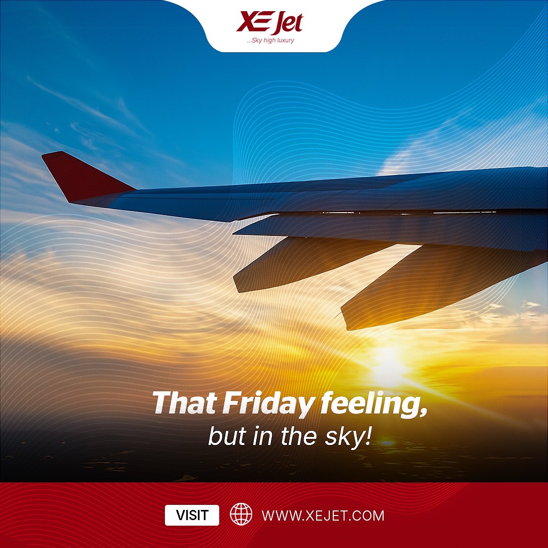 flyxejet's tweet photo. That Friday feeling, but in the sky! βοΈ Whether youβre heading home for the weekend or starting a new adventure, weβre here to make your journey smooth and comfortable. Happy Friday! #Fridayfeeling #weekendvibes #luxurytravels #SkyHighLuxury #flyxejet https://t.co/AwbWfgJ1QY