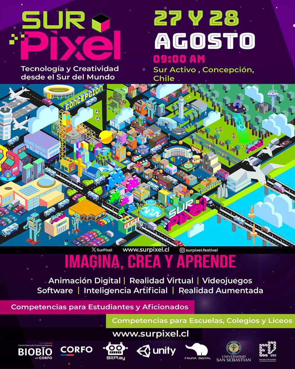 SurPixel's tweet photo. 🚀🕹 Conferencia y Festival 
#SurPixel de #IndustriaCreativa
#AnimaciónDigital 
#Videojuegos
#RealidadVirtual
#InteligenciaArtificial
#Metaverso
#RealidadAumentada
#Software
#gaming
💫 Imagina, Crea y Aprende
este 27 y 28 de Agosto en #Concepción #BioBio #Chile https://t.co/qVNzx4LNMC