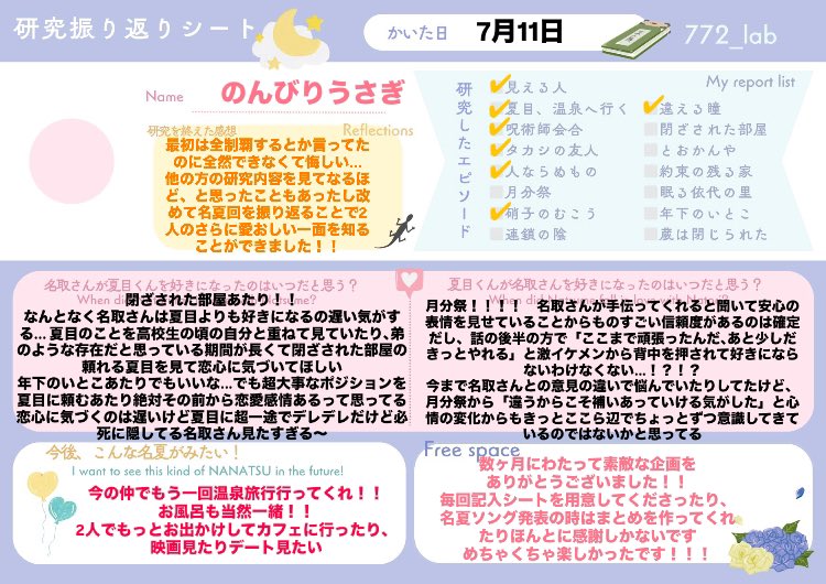 大遅刻ですが素敵な企画をありがとうございました🙇‍♀️🙇‍♀️
すごく楽しかったです！！
#名夏研究所