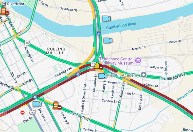 NASHVILLE - FULL CLOSURE: I-40 WB and I-24 WB at the I-24 split (inner loop). A commercial vehicle traveling eastbound crashed and landed in the westbound lanes. Avoid this area!