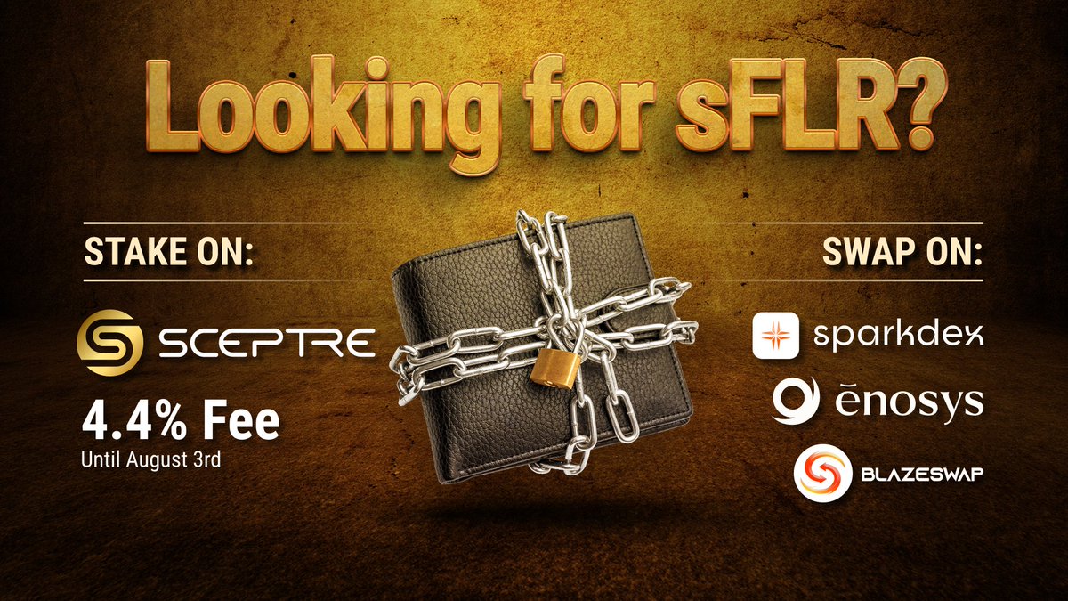SceptreLS's tweet image. Staking on @SceptreLS without a buy-in fee is now closed. You can still get $sFLR by:
- Staking on @SceptreLS: with a 4.4% fee
- Swapping for it: on @SparkDexAI, @blazeswapdex or @enosys_global
Exchange rates fluctuate between protocols, so compare them before swapping!