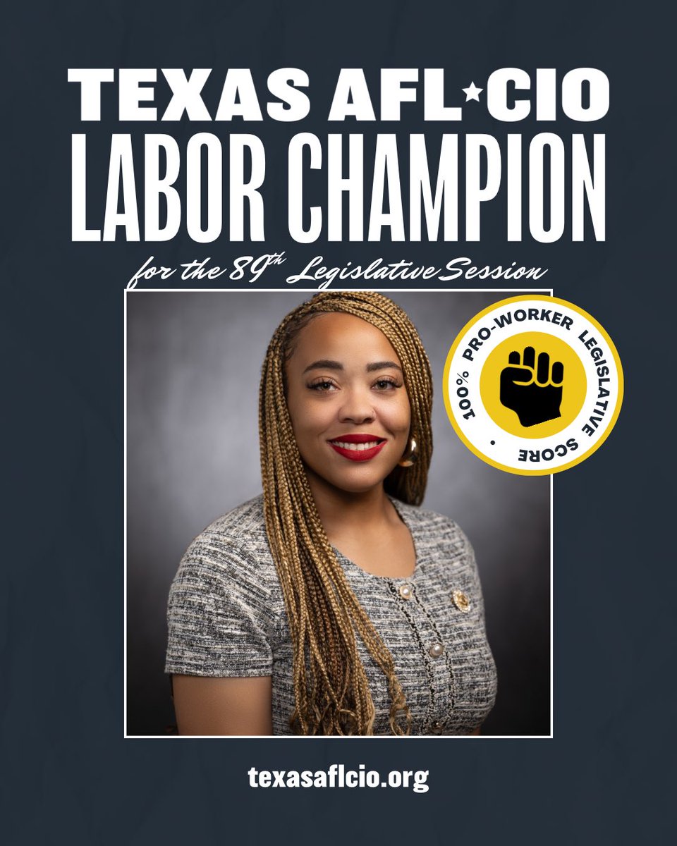 State Representative Lauren Ashley Simmons (@replsimmons) on Twitter photo Honored to be named a Texas Labor Champion with a 100% pro-worker score from <a href="/TexasAFLCIO/">Texas AFL-CIO</a>.
As Chairwoman of the Texas Labor and Workforce Caucus I’ll always stand with workers fighting for dignity, safety, and fair wages.
#TXLege #HD146 #ProWorker Honored to be named a Texas Labor Champion with a 100% pro-worker score from <a href="/TexasAFLCIO/">Texas AFL-CIO</a>.
As Chairwoman of the Texas Labor and Workforce Caucus I’ll always stand with workers fighting for dignity, safety, and fair wages.
#TXLege #HD146 #ProWorker