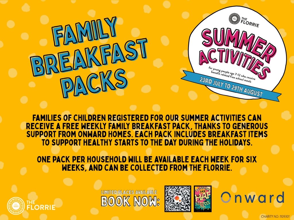 🥣 Free weekly Family Breakfast Packs for anyone signed up to our summer youth activities at The Florrie!

One pack per household for 6 weeks. Funded by Onward Homes.

Book your child’s place now 👉 eequ.org/book/the-florr…

#TheFlorrie #Liverpool #FreeForFamilies