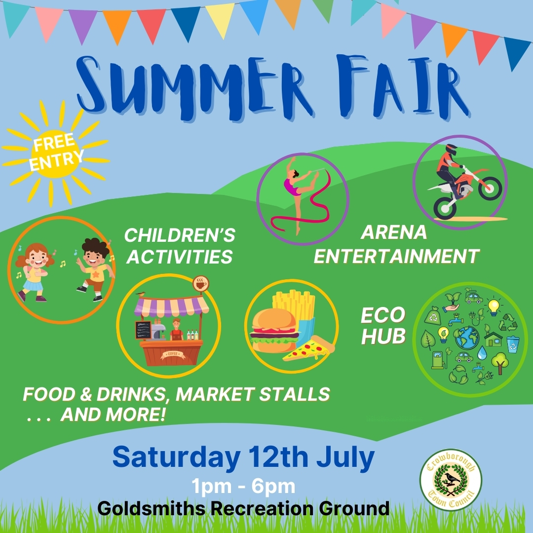 CrowboroughTC's tweet image. CROWBOROUGH SUMMER FAIR THIS SATURDAY, 12 July 1-6pm. FREE entry

Lots to enjoy in the main arena and lots of stall holders &amp;amp; food &amp;amp; drink sellers including ice cream to keep you cool!

Fun for all - find out more: crowboroughtowncouncil.gov.uk/whats-on/counc……