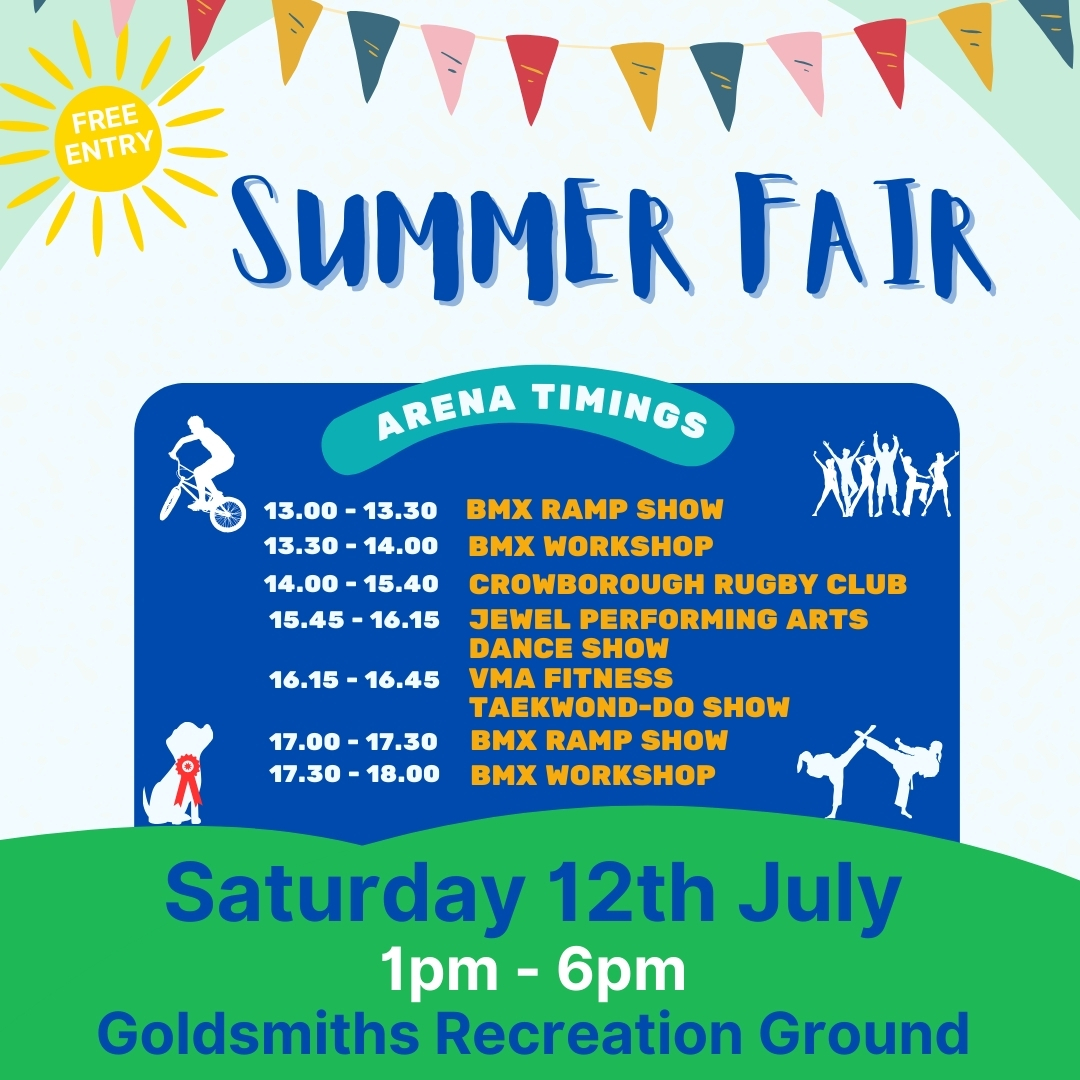 CrowboroughTC's tweet image. CROWBOROUGH SUMMER FAIR THIS SATURDAY, 12 July 1-6pm. FREE entry

Lots to enjoy in the main arena and lots of stall holders &amp;amp; food &amp;amp; drink sellers including ice cream to keep you cool!

Fun for all - find out more: crowboroughtowncouncil.gov.uk/whats-on/counc……