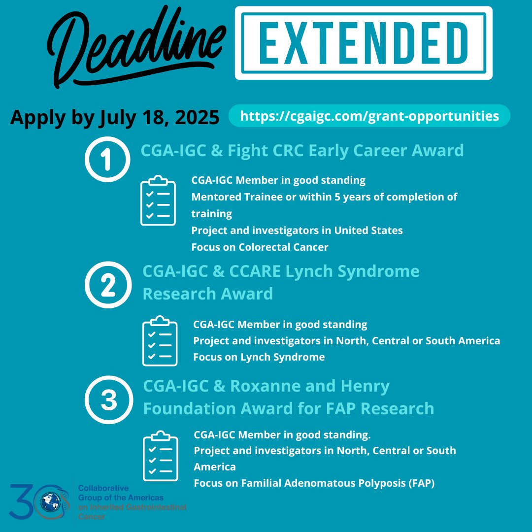 CGAIGC's tweet image. 📢The deadline to apply for our #HereditaryGICancer Research Grants has been extended to July 18, 2025!
Still working on your application? 📝
On the fence about applying? 🤔
➡️Now’s your chance, there’s still time to submit! 📎 ➡️Learn more & apply here:…