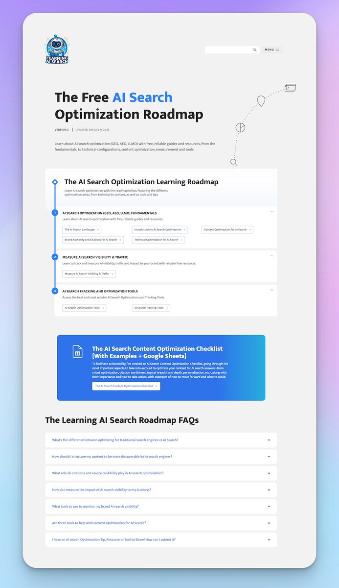 🎉 The New LearningAIsearch(.)com site is here 👀 Featuring a roadmap of free reliable guides, resources and tips, as well as the top AI search optimization and tracking tools in the market to learn about AI Search Optimization:

* The AI Search Landscape
* Intro to AI Search