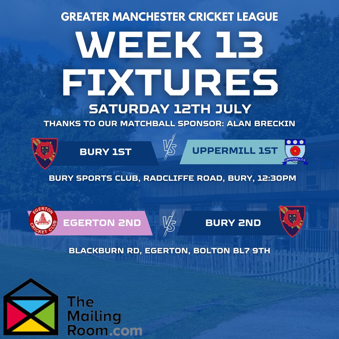 Bury CC (@burycc) on Twitter photo THIS WEEKEND
The 1s are back at home again on Saturday, taking on <a href="/uppermillcc/">Uppermill CC</a>. Thanks to Alan Breckin who is our matchball sponsor.
The 2nds make our first trip in a while to <a href="/EGERTON_CC/">EgertonCricketClub</a>.
Both games get underway in the ☀️ at 12:30pm. THIS WEEKEND
The 1s are back at home again on Saturday, taking on <a href="/uppermillcc/">Uppermill CC</a>. Thanks to Alan Breckin who is our matchball sponsor.
The 2nds make our first trip in a while to <a href="/EGERTON_CC/">EgertonCricketClub</a>.
Both games get underway in the ☀️ at 12:30pm.