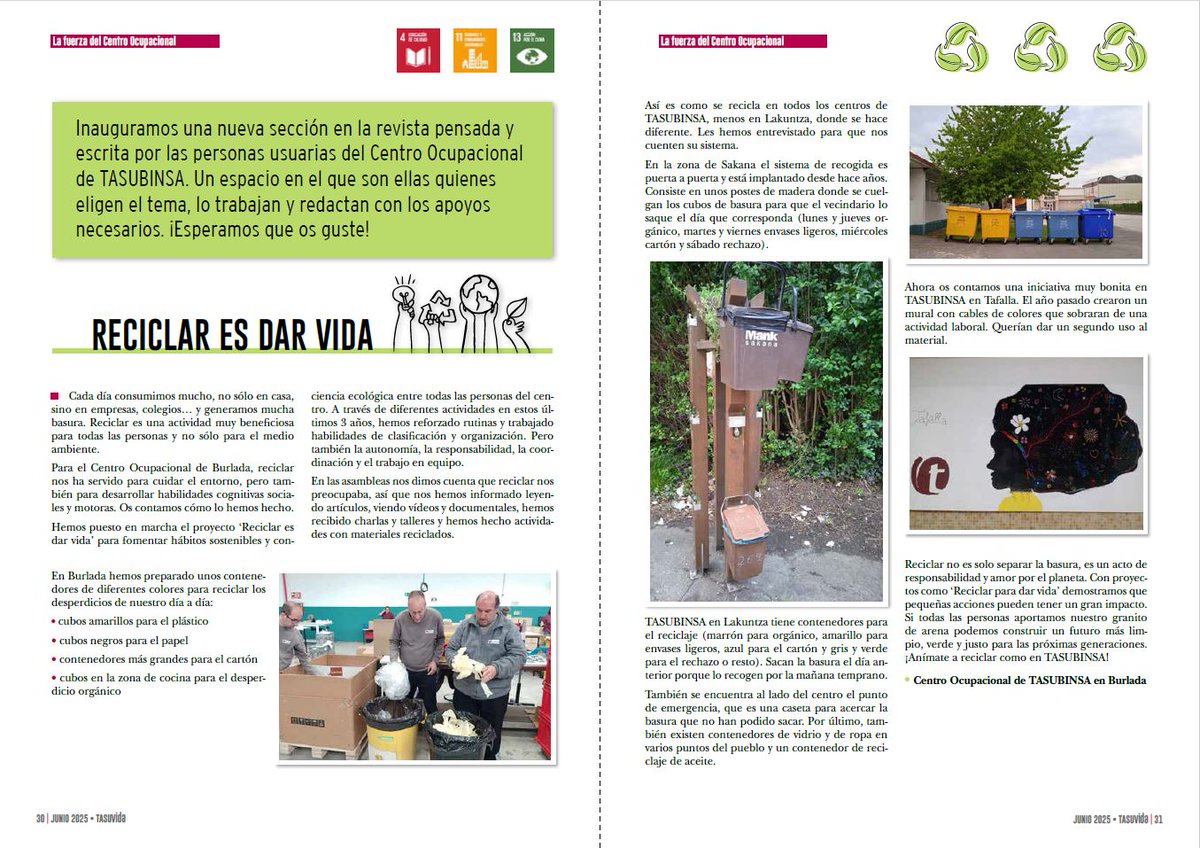 🌟 ¡Nueva sección en #Tasuvida!
Descubre 'La fuerza del Centro Ocupacional', un espacio pensado y escrito por las personas del #CentroOcupacional de TASUBINSA y donde comparten sus opiniones. Este mes, hablamos de #reciclaje.

📚 Lee más:  f.mtr.cool/rlfoarvpts 💬💚