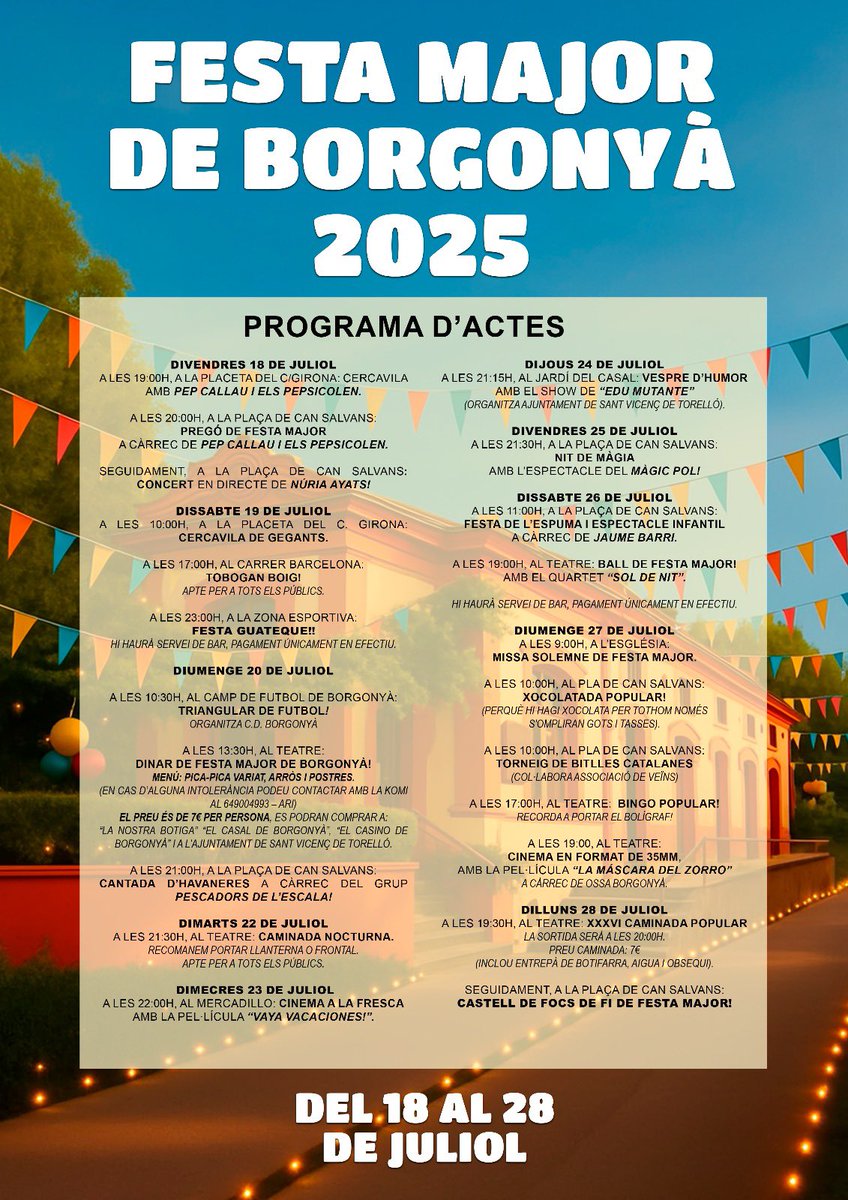 🎉 FESTA MAJOR DE BORGONYÀ 25’

👉 El divendres 18 de juliol comença la Festa Major de Borgonyà

👍 Aquí podeu trobar el programa dels actes que aniran del 18 al 28 de juliol

✊ No us perdeu cap de les propostes programades!

🎊  Bona Festa Major!
