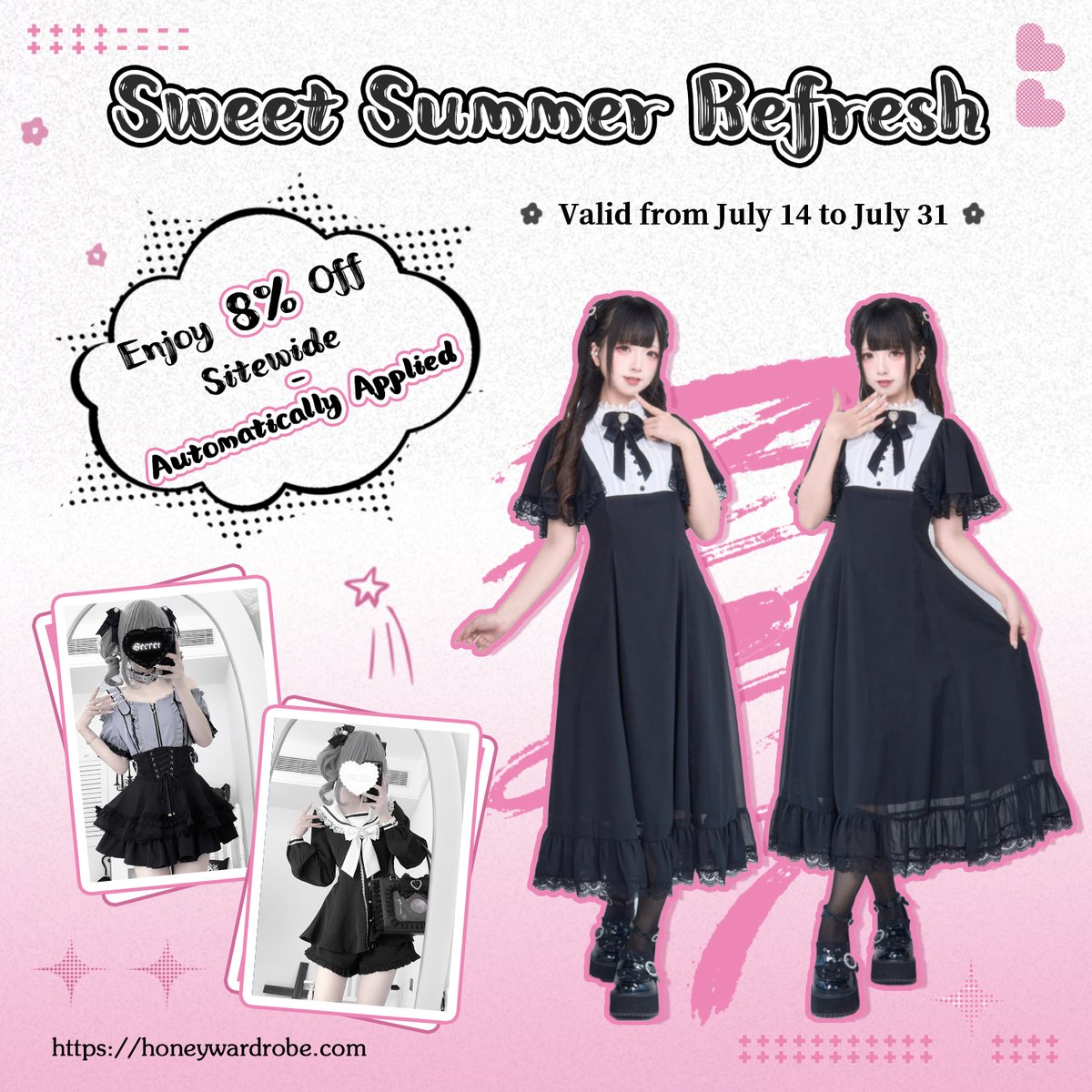 honeywardrobe07's tweet image. ☀️✨ Sweet Summer Refresh is here! ✨☀️
Give your wardrobe the cutest update with HoneyWardrobe’s summer sale — enjoy 8% OFF sitewide, no code needed, just shop and save 🍓
🗓️ Promo valid from July 14 to July 31
🌐 honeywardrobe.com
#SummerSale #JiraiKei #TenshiKaiwai