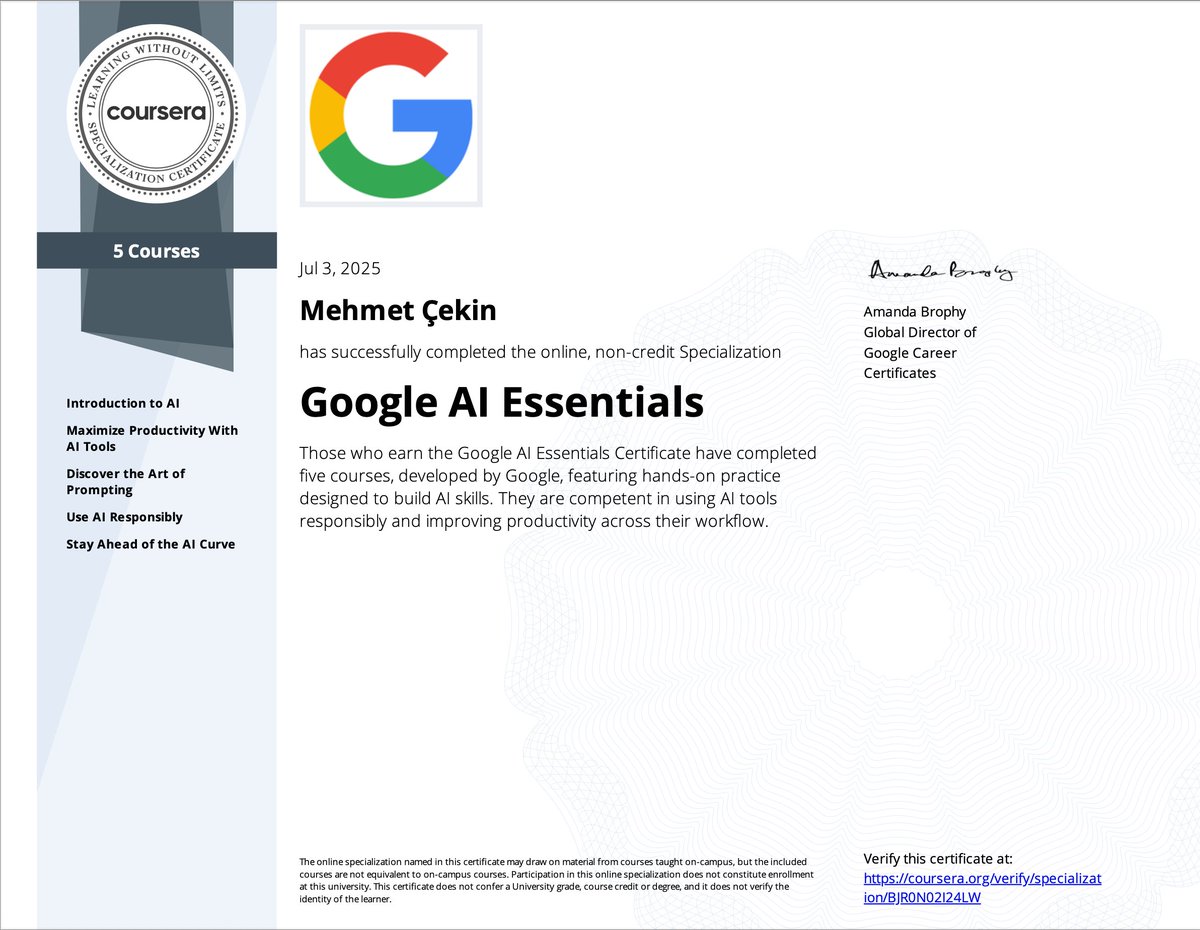 ingilizce121's tweet photo. I completed Google AI Essentials! Check out my certificate https://t.co/u3uOcIWyus #Coursera https://t.co/aD3mKnpup4