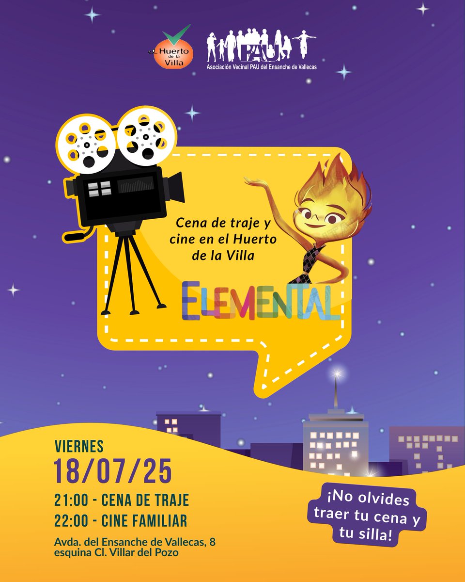 avpaudevallecas's tweet image. ¡Cena de traje y cine de verano en el Huerto de la Villa!
El viernes 18/07/25
🥗 21.00 h Cenamos de traje. Trae tu comida y bebida.
📽️ 22.00 h Vemos ELEMENTAL. .
¡No olvides traer una silla por persona!
Invita a tu colegas, vecinxs o a tus primxs🤘
#somosbarrio #nosvalamarcha