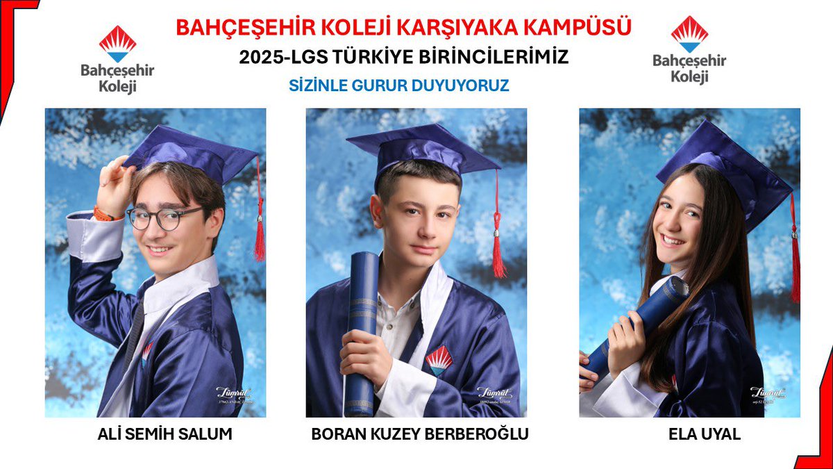 #LGS2025’de Türkiye birincisi olan Karşıyaka Kampüsü’müzdeki 3 öğrencimiz;

⭐️Ela UYAL
⭐️Boran Kuzey BERBEROĞLU
⭐️Ali Semih SALUM

Sevgili öğrencilerimizi ve bu süreçte emeği geçen tüm öğretmenlerimizi tebrik ediyor,üstün başarıları ile gurur duyuyoruz❤️💙

#sırasende