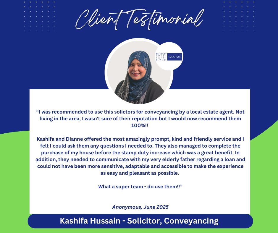 Kashifa Hussain, Solicitor in our Conveyancing team, along with her Legal Secretary Dianne Turner, both based in our Southam office, have received some excellent feedback from one of their clients

#FeedbackFriday #Testimonial #Solicitors #LawFirm #Southam #Conveyancing #Property